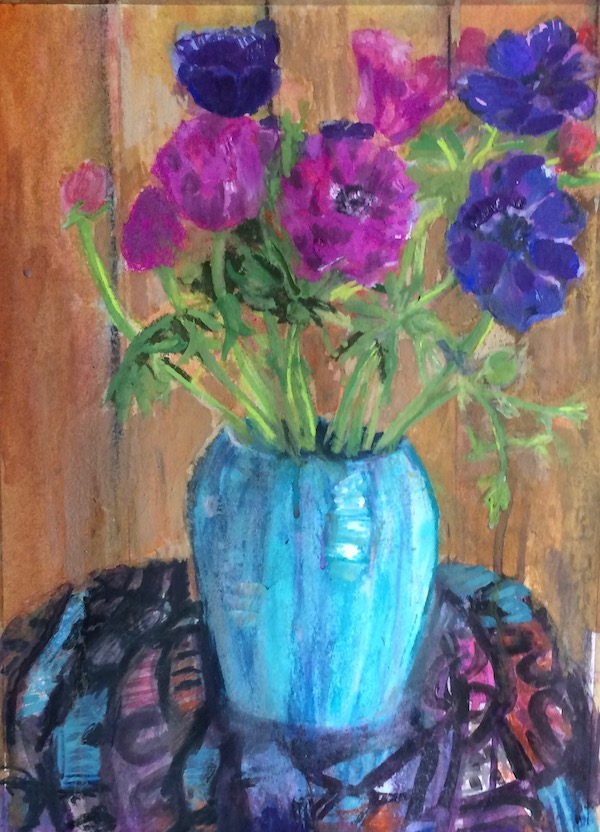 Anemones in blue vase