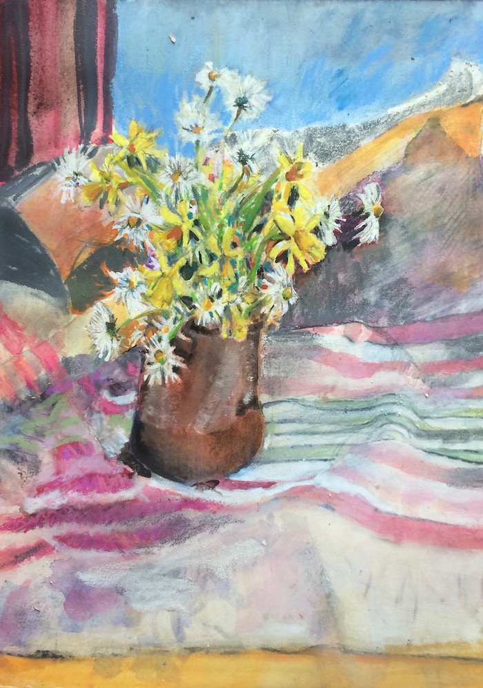 A painting of daisies and daffodils