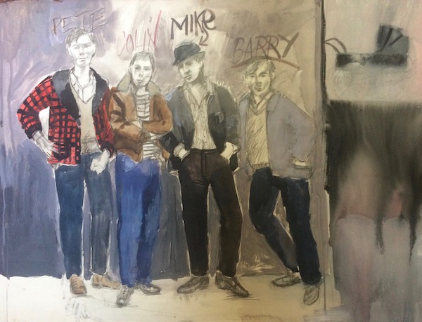 A costume drawing of Pete, Colin, Mike & Barry from the play SAVED by Edward Bond