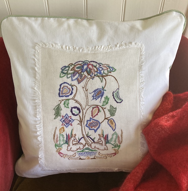 Deer tree of life embroidered cushion