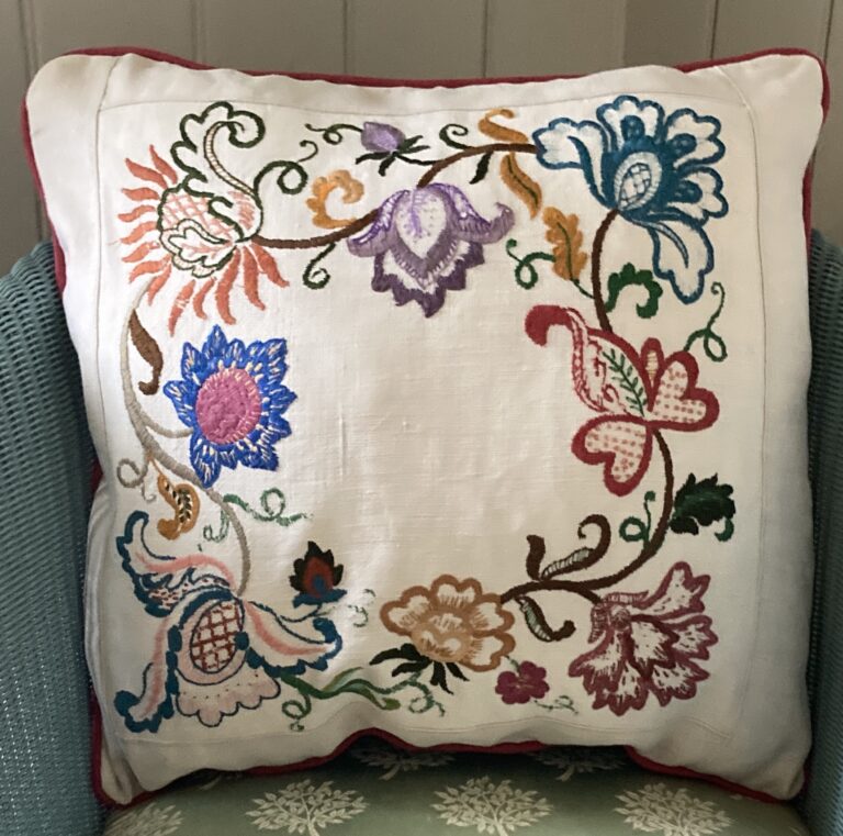jacobean floral circle embroidered cushion