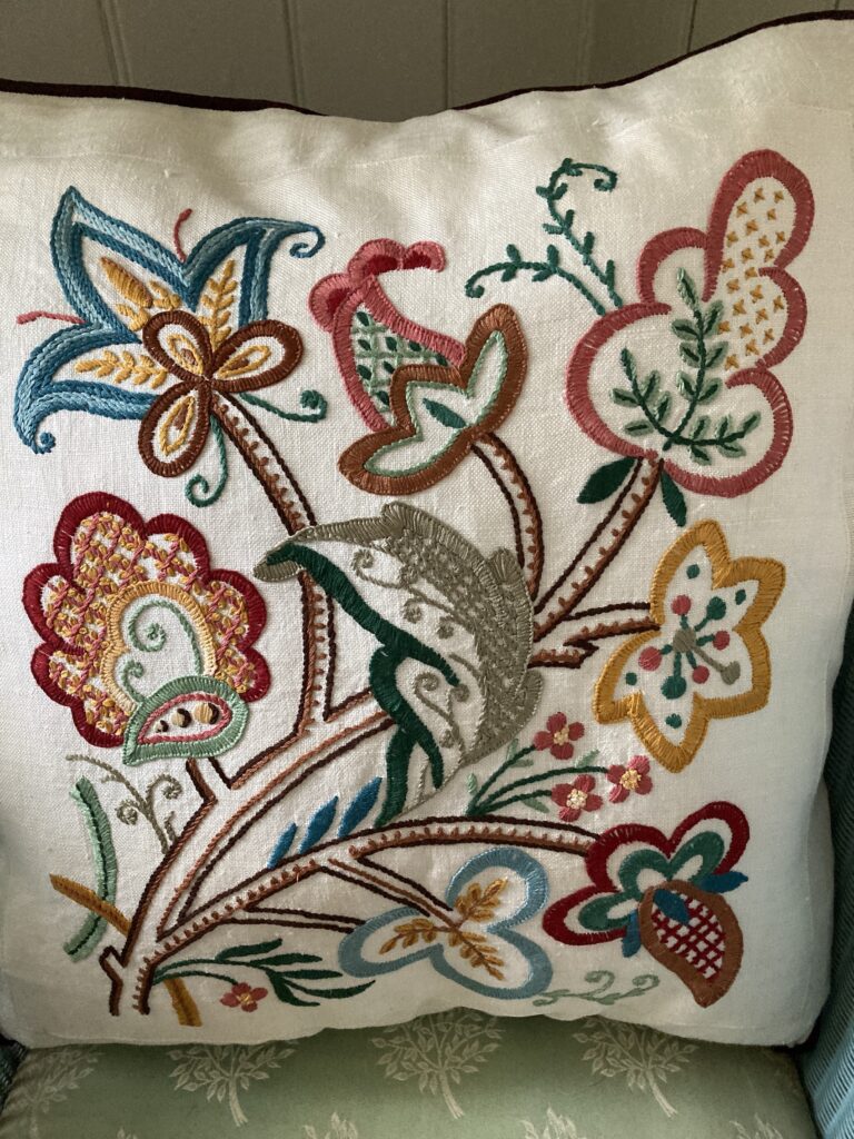 Vibrant 1930's embroidered Tree of Life Cushion