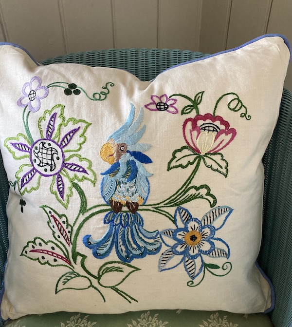 Blue Cockatoo embroidered cushion
