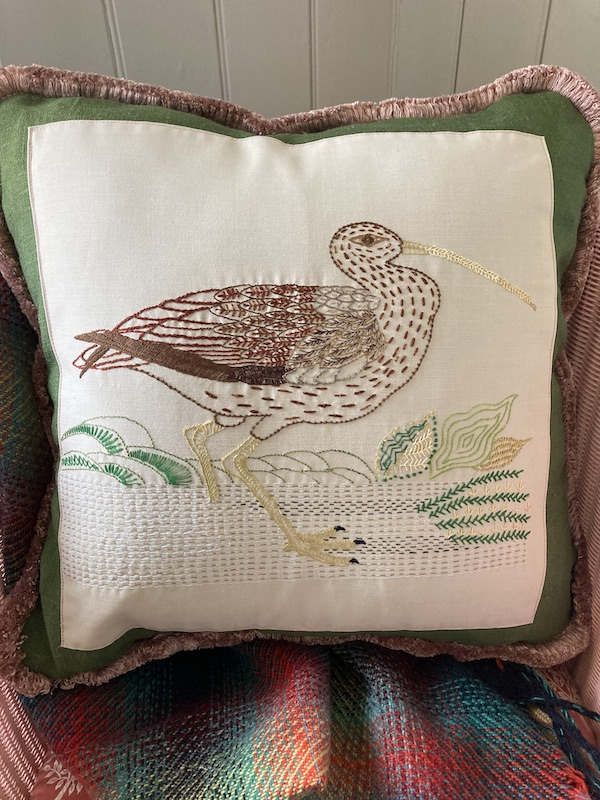 Curlew embroidery cushion